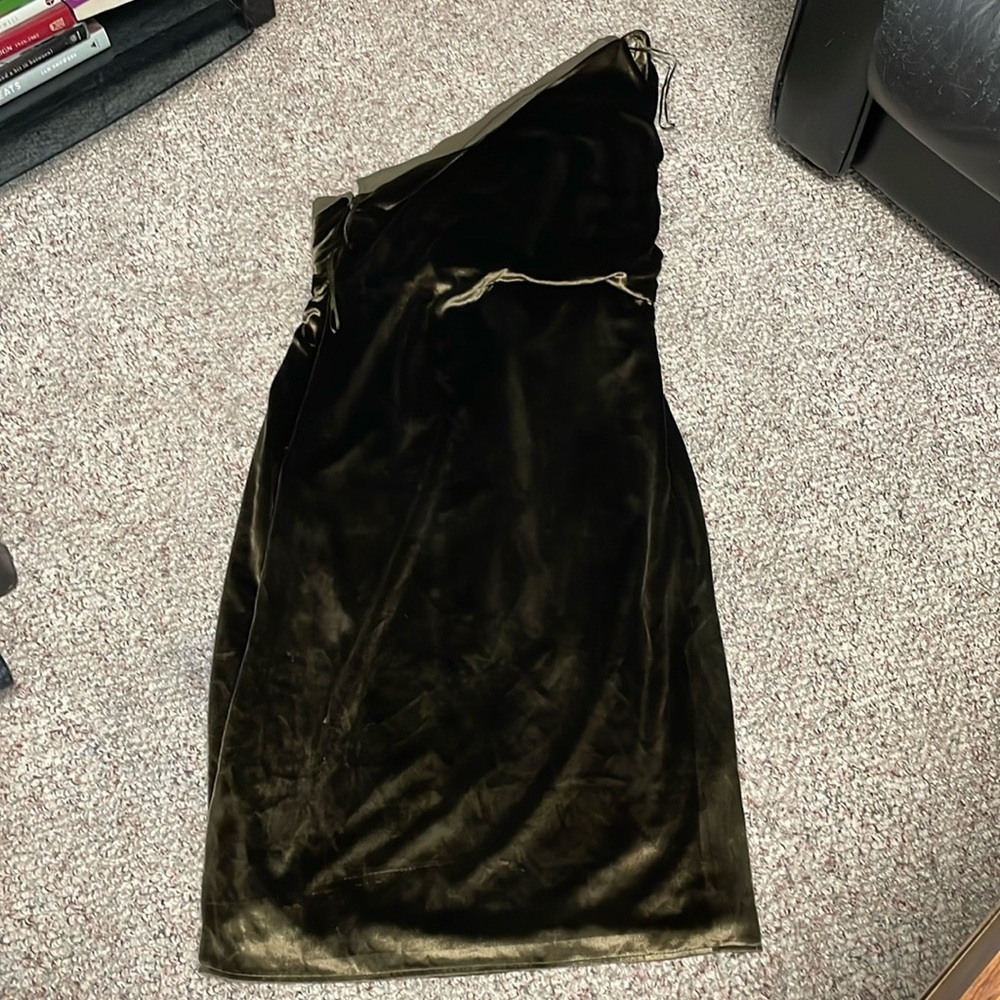 Reiss One Shoulder Velvet Dress in Dark Olive